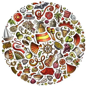 Set of Spain cartoon doodle objects, symbols and items 库存插图