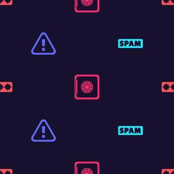 Set Spam, Exclamation mark in triangle, Safe and Password protection on seamless Stock Illustration