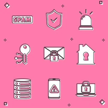 Set Spam, Shield with check mark, Motion sensor, Cryptocurrency key, Mail Illustrazione stock