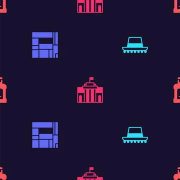 Set Spanish hat, House Edificio Mirador, Prado museum and Orujo on seamless 스톡 일러스트