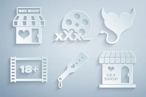 Set Spanking paddle, Devil heart with horns, Play Video 18 plus, Sex shop Stock Illustration