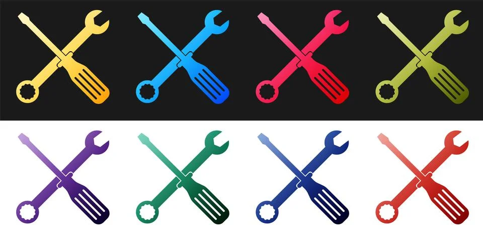 Set Spanner and screwdriver tools icon isolated on black and white background Illustrazione stock