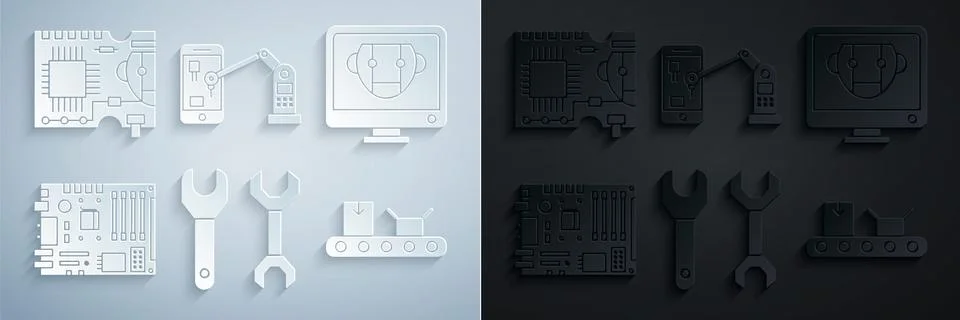 Set Spanner, Bot, Electronic computer components motherboard digital chip Stock-Illustration