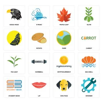 Set of spanner, dog face, student book, cryptocurrency, tea leaf, farm, , map Free Stock Illustration