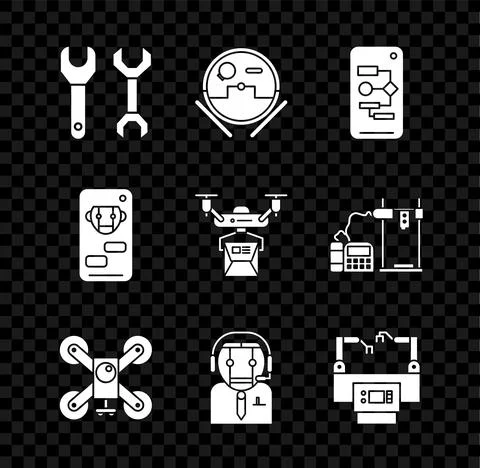 Set Spanner, Robot vacuum cleaner, Algorithm, Drone flying with action camera 스톡 일러스트