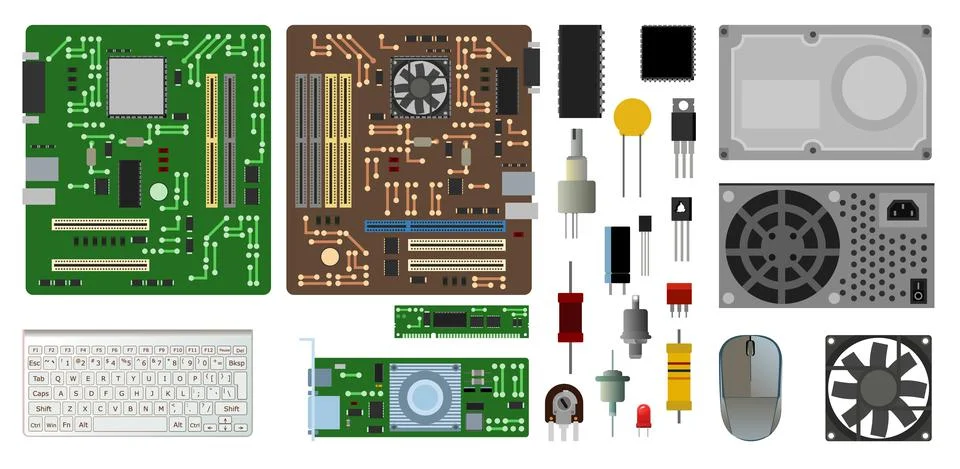 Set of spare part personal computer. PC laptop accessories. Keyboard and mous Stock Illustration