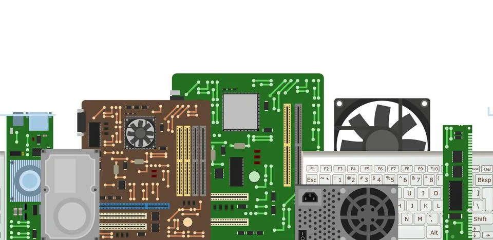 Set of spare part for personal computer. PC laptop accessories. Horizontally Stock Illustration