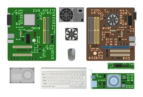 Set of spare part for personal computer. Power supply hard drive. PC or laptop Stock Illustration