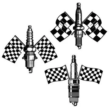 Set of spark plug with racing flag. Design element for logo, label, sign, emb Stock Illustration