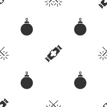 Set Sparkler firework, Candy and Christmas ball on seamless pattern. Vector Illustrazione stock