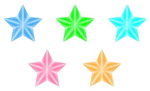 A set of sparkling, five-pointed stars with iridescent surfaces and highligh Stock Illustration