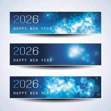 Set of Sparkling Shimmering Ice Cold Blue Horizontal Christmas, Happy New Y.. Stock Illustration
