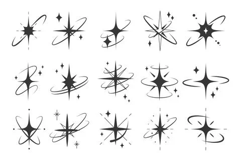 Set of sparkling starburst elements in various styles. Star burst, flash star Stock Illustration