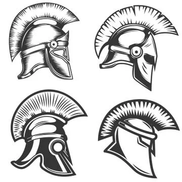 Set of spartan helmets illustrations isolated on white background. Design ele Stock Illustration