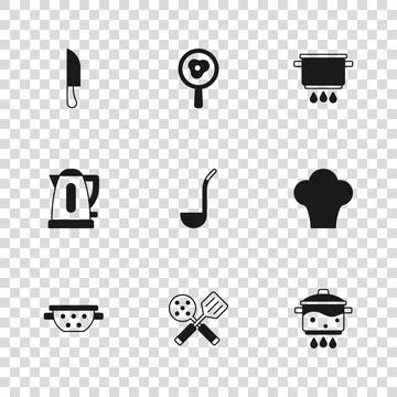 Set Spatula, Chef hat, Cooking pot on fire, Kitchen ladle, Knife, Fried egg.. Stock Illustration