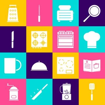 Set Spatula, Cookbook, Chef hat, Toaster with toasts, Gas stove, Bread knife Stock Illustration