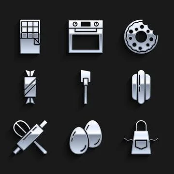 Set Spatula, Easter eggs, Kitchen apron, Hotdog sandwich, whisk rolling pin Stock Illustration