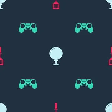 Set Spatula, Golf ball on tee and Gamepad on seamless pattern. Vector Stock Illustration