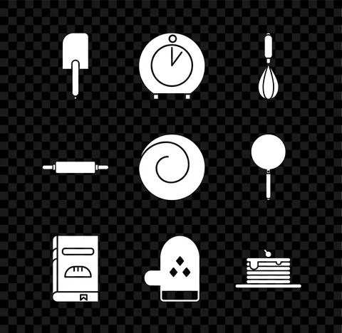 Set Spatula, Kitchen timer, whisk, Cookbook, Oven glove, Stack of pancakes Stock Illustration