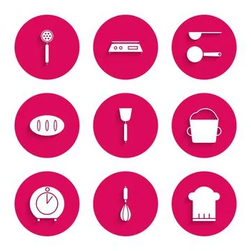 Set Spatula, Kitchen whisk, Chef hat, Bakery bowl dough, timer, Bread loaf Stock Illustration