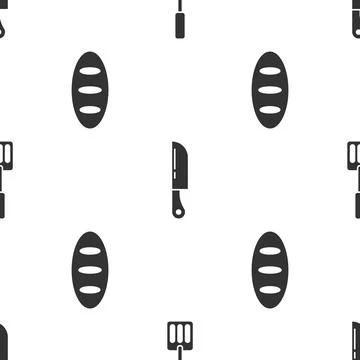 Set Spatula, Knife and Bread loaf on seamless pattern. Vector Stock Illustration