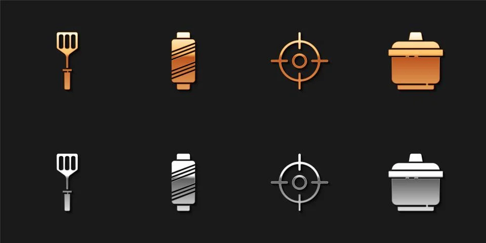 Set Spatula, Sewing thread on spool, Target sport and Cooking pot icon. Vector 스톡 일러스트