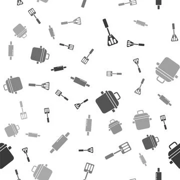 Set Spatula, Spatula, Cooking pot and Rolling pin on seamless pattern. Vector Stock Illustration