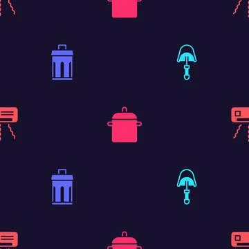Set Spatula, Trash can, Cooking pot and Air conditioner on seamless pattern.. Stock Illustration