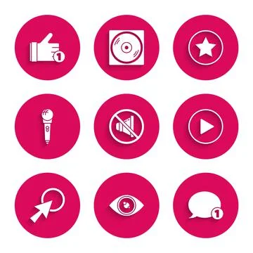 Set Speaker mute, Eye, Speech bubble chat, Play in circle, Arrow cursor Stock-Illustration