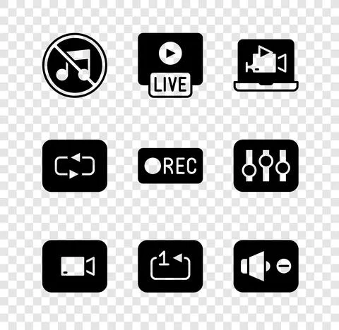 Set Speaker mute, Live stream, Online play video, Play button, Repeat track Stock Illustration