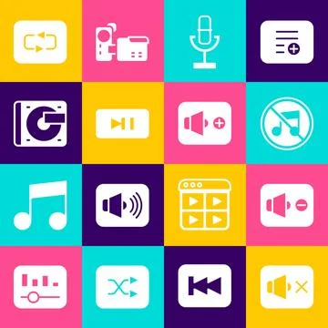 Set Speaker mute, Microphone, Pause button, Vinyl player with vinyl disk, R.. Stock Illustration