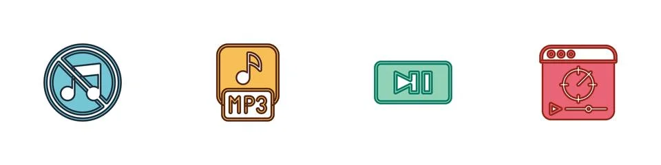 Set Speaker mute, MP3 file, Pause button and Online play video icon. Vector Stock Illustration