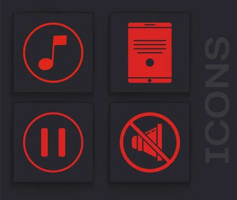 Set Speaker mute, Music note, tone, Tablet and Pause button icon. Vector イラスト素材