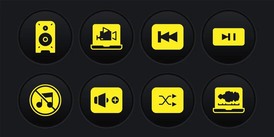 Set Speaker mute, Pause button, volume, Arrow shuffle, Rewind, Online play .. Stock Illustration