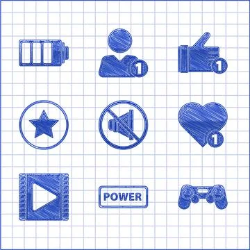 Set Speaker mute, Power button, Gamepad, Like and heart, Play Video, Star, Hand Stock Illustration