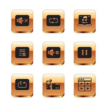 Set Speaker mute, Repeat track music player, Cinema camera, volume, Add to Illustrazione stock