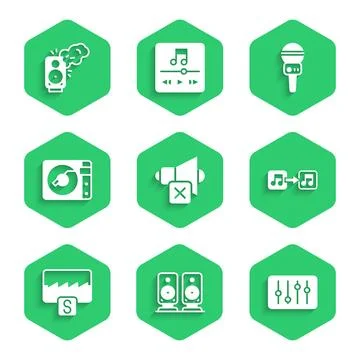 Set Speaker mute, Stereo speaker, Sound mixer controller, Music note, tone,.. Stock Illustration
