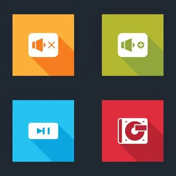 Set Speaker mute, volume, Pause button and Vinyl player with vinyl disk icon Stock Illustration