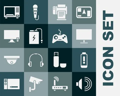 Set Speaker volume, Battery charge level indicator, Computer monitor screen Stock Illustration