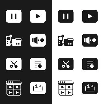 Set Speaker volume, Cinema camera, Pause button, Play, Music or video editing Stock Illustration