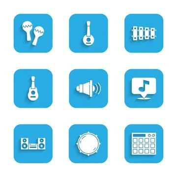 Set Speaker volume, Dial knob level, Drum machine, Musical note, Home stereo Stock Illustration