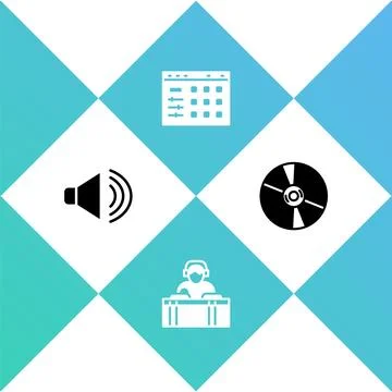 Set Speaker volume, DJ playing music, Drum machine and CD or DVD disk icon Illustrazione stock