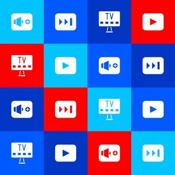 Set Speaker volume, Fast forward, Smart Tv and Play button icon. Vector Illustrazione stock