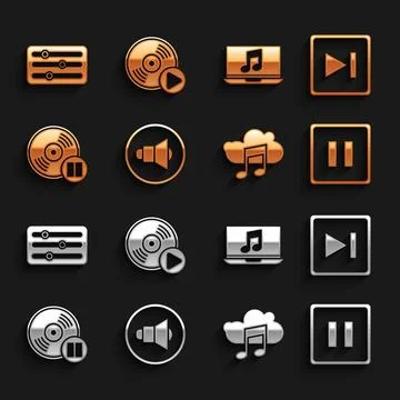 Set Speaker volume, Fast forward, Pause button, Music streaming service, Vi.. Illustrazione stock