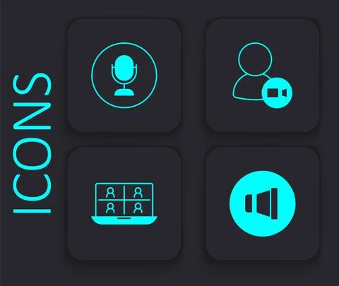 Set Speaker volume, Microphone, Video chat conference and icon. Black square Stock Illustration