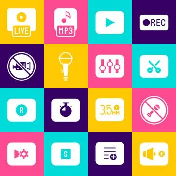 Set Speaker volume, Mute microphone, Music or video editing, Play button Stock Illustration