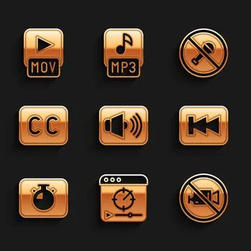 Set Speaker volume, Online play video, Prohibition no recording, Rewind button Stock Illustration