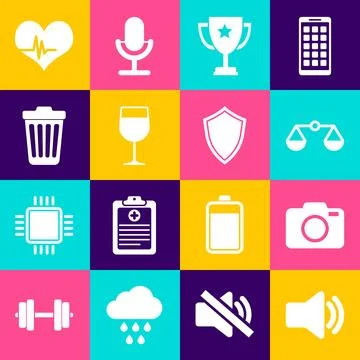 Set Speaker volume, Photo camera, Scales of justice, Trophy cup, Wine glass.. Illustrazione stock