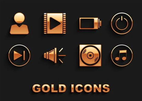 Set Speaker volume, Power button, Music note, tone, Vinyl disk, Fast forward Stock Illustration