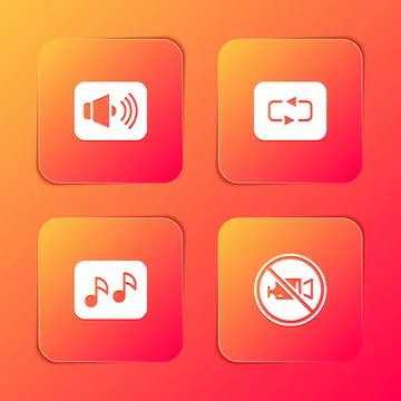 Set Speaker volume, Repeat button, Music note, tone and Prohibition video r.. Illustrazione stock